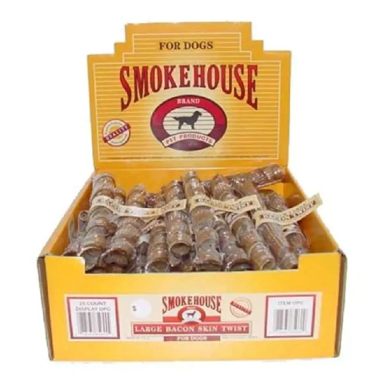 Smokehouse USA Made Bacon Skin Twists Dog Chew Shelf Display Box 25ea/Large, 25 ct