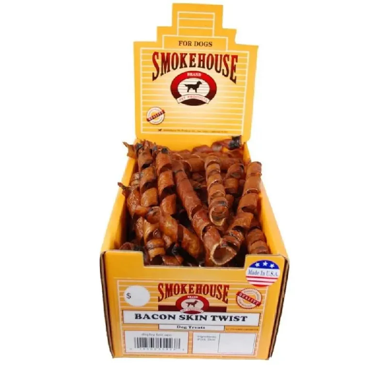 Smokehouse USA Made Bacon Skin Twists Dog Chew Shelf Display Box Small, 60 ct