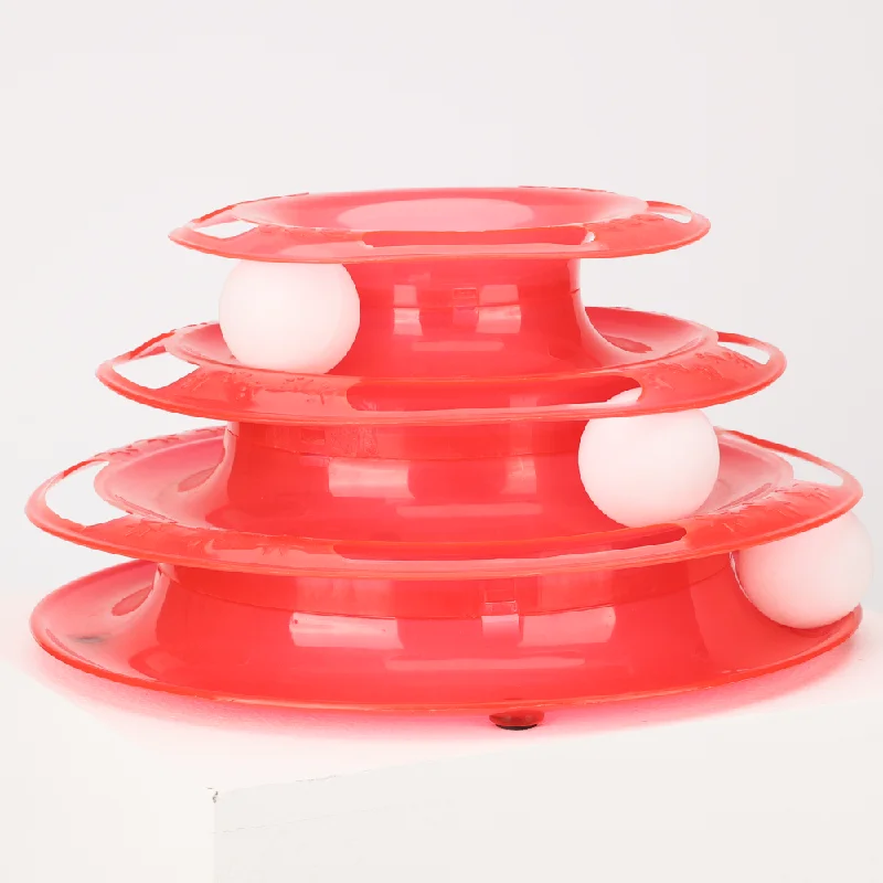 Skatrs Interactive 3 Level Tower Track with Balls Toy for Cats (Red)