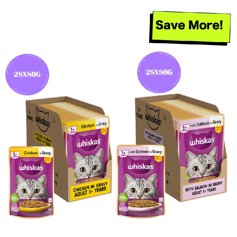 Whiskas Salmon in Gravy Meal and Chicken Gravy Adult Cat Wet Food Combo